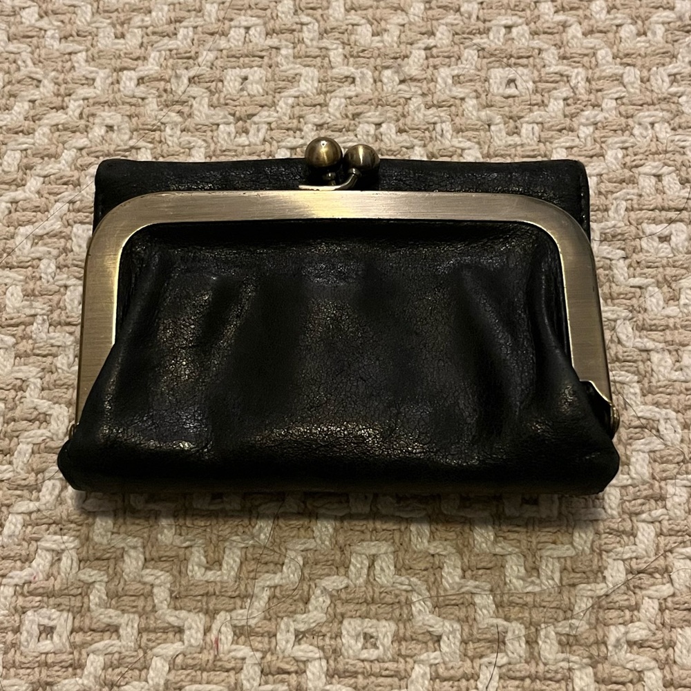 HOBO Original Robin wallet, black w/ bronze hardware & red print interior